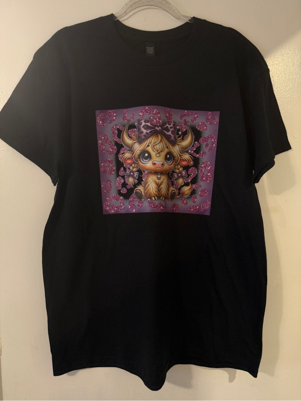 Black T-Shirt with Pink Glitter Cow Graphic - Picture 2 of 3